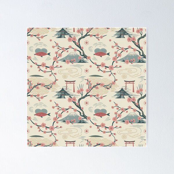 Item preview, Japanese Cherry Blossom Seamless Pattern – Koi Fish & Mount Fuji designed and sold by Midnight Veil Designs.