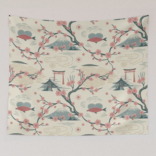 Item preview, Japanese Cherry Blossom Seamless Pattern – Koi Fish & Mount Fuji designed and sold by Midnight Veil Designs.
