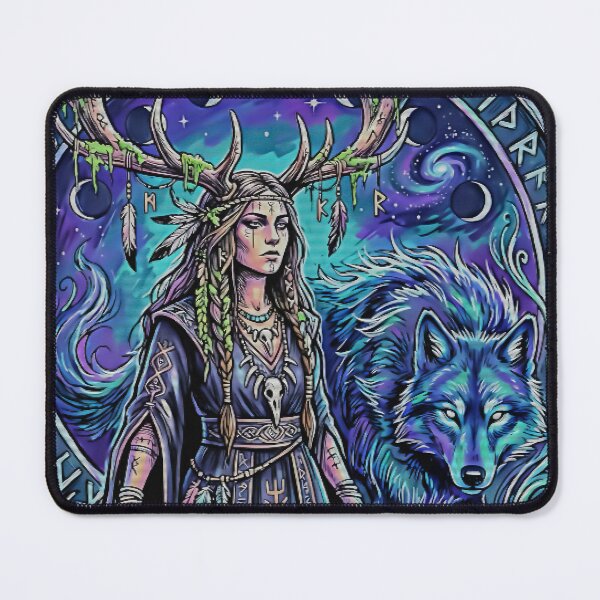 Item preview, Mystic Shaman Woman With Wolf and Runes, Celtic Moon designed and sold by graphixpolash.