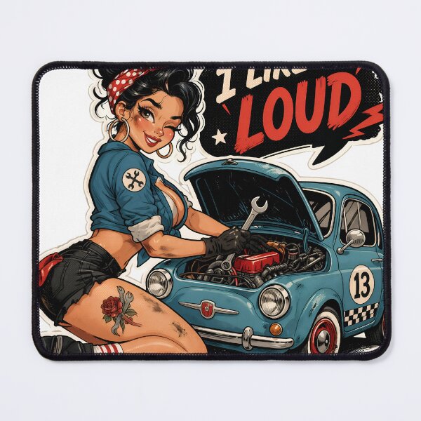 Item preview, A cartoon woman working on a blue car with a loud expression on transparent background designed and sold by Creative88Art.