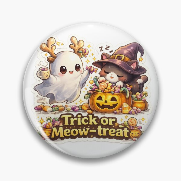 Item preview, Chibi Ghost & Sleepy Witch Cat Sticker – “Trick or Meow-treat” Halloween Cute Art designed and sold by SparkVault.