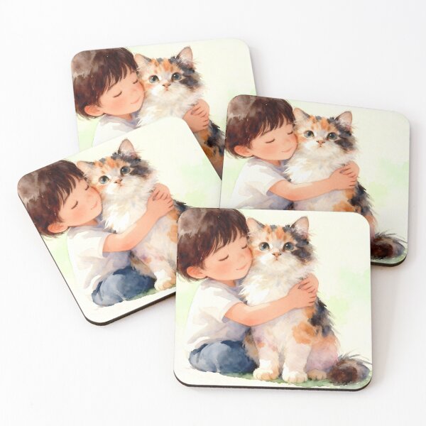 Item preview, Child Embracing a Fluffy Calico Cat designed and sold by Shelley Loewnau-Jones Studio.