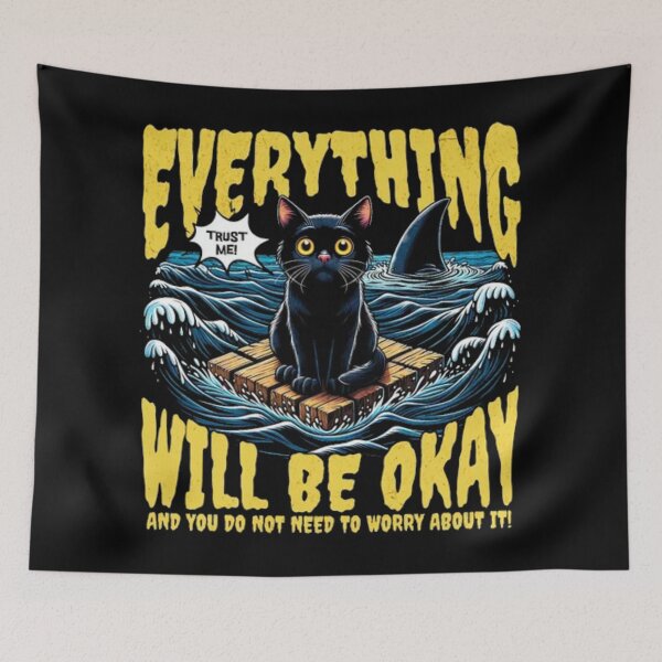 Item preview, Everything Will Be Okay - Funny Ironic Black Cat & Shark designed and sold by GenZFashion000.