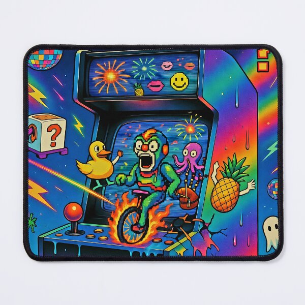 Item preview, High Score Chaos - Psychedelic Arcade Machine with Clown on Fire Bike & Rubber Duck designed and sold by David Brookes Digital.