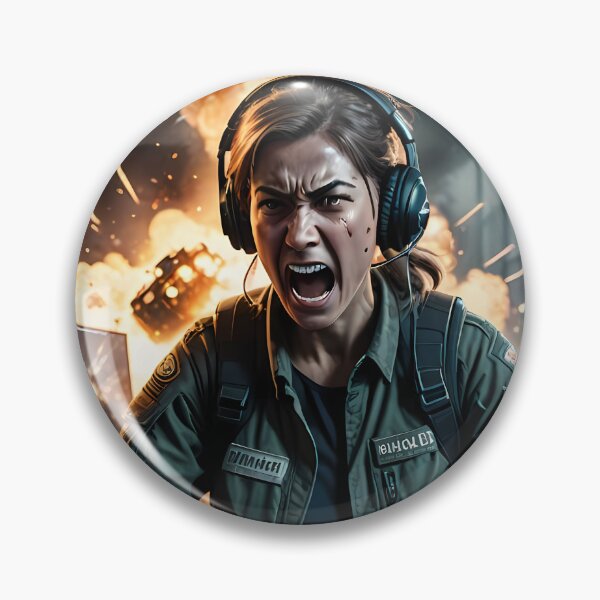 Item preview, Fierce Gamer Woman Amid Explosive Command Room Chaos designed and sold by ArtaFutura.