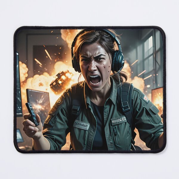 Item preview, Fierce Gamer Woman Amid Explosive Command Room Chaos designed and sold by ArtaFutura.