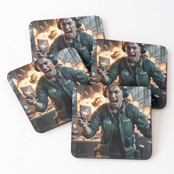Item preview, Fierce Gamer Woman Amid Explosive Command Room Chaos designed and sold by ArtaFutura.