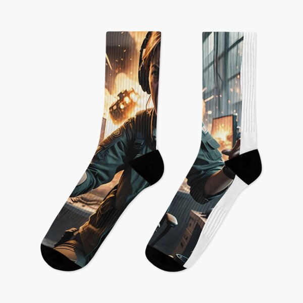 Item preview, Fierce Gamer Woman Amid Explosive Command Room Chaos designed and sold by ArtaFutura.