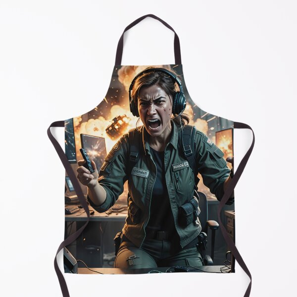 Item preview, Fierce Gamer Woman Amid Explosive Command Room Chaos designed and sold by ArtaFutura.