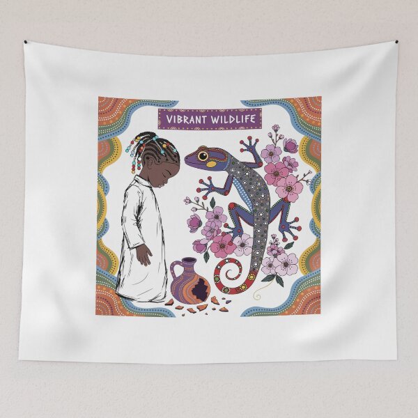Item preview, boy with a lizard in the style of aboriginal art designed and sold by Stellar Geometry.