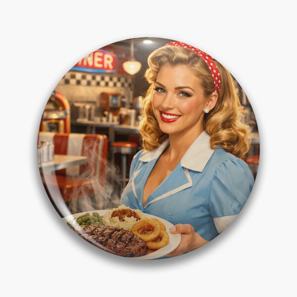 Item preview, Enjoy Your Meal! Retro Diner Waitress with Steak Dinner - Classic 1950s Americana Art designed and sold by David Brookes Digital.