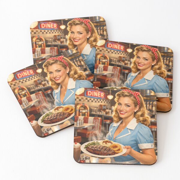 Item preview, Enjoy Your Meal! Retro Diner Waitress with Steak Dinner - Classic 1950s Americana Art designed and sold by David Brookes Digital.