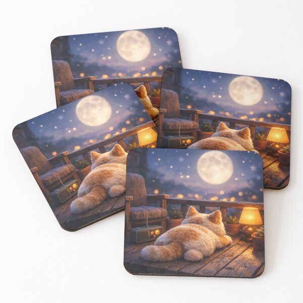 Item preview, Cozy Cat on Balcony Watching Giant Full Moon designed and sold by from Depression patient.