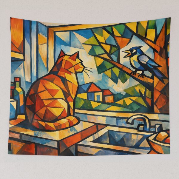 Artikelvorschau, Mosaikszene mit Katze und Vogel entworfen und verkauft von cuprum.