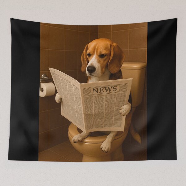 Item preview, Dog on toilet reading newspaper funny poster designed and sold by Echo Aesthetics.