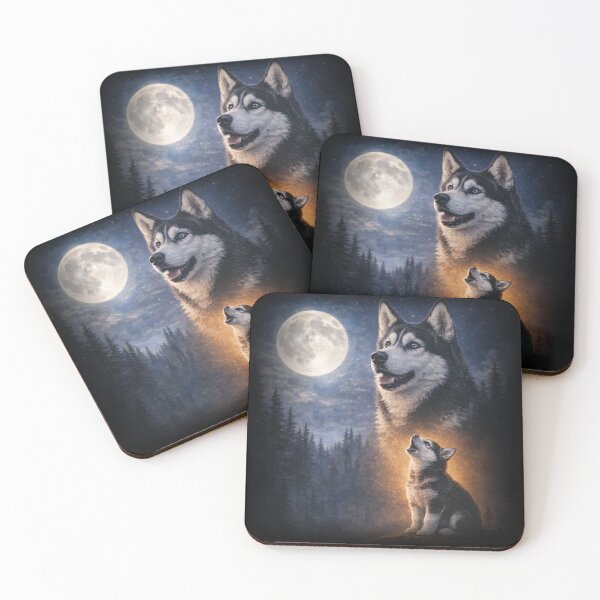 Item preview, Husky Dog And Puppy Howling At Full Moon Night Forest Starry Sky Illustration designed and sold by JessArty ⭐⭐⭐⭐⭐.