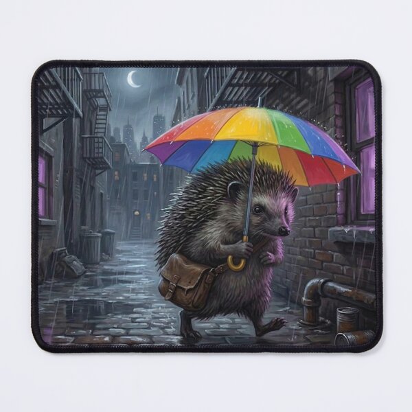 Item preview, Gritty Hedgehog with Rainbow Umbrella Illustration - Rainy Urban Alleyway Aesthetic designed and sold by Englandbear.