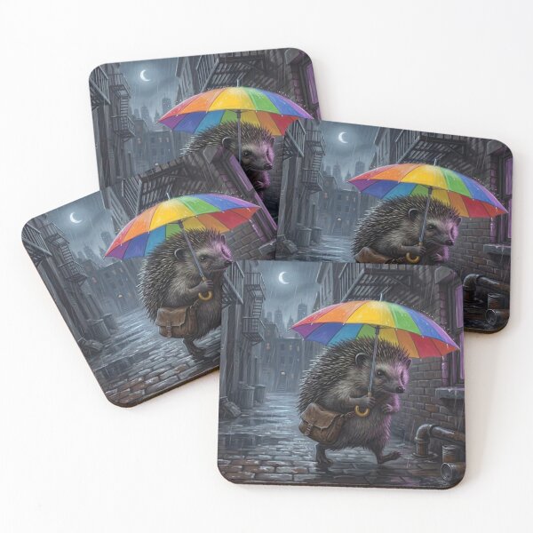 Item preview, Gritty Hedgehog with Rainbow Umbrella Illustration - Rainy Urban Alleyway Aesthetic designed and sold by Englandbear.