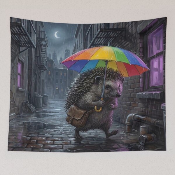 Item preview, Gritty Hedgehog with Rainbow Umbrella Illustration - Rainy Urban Alleyway Aesthetic designed and sold by Englandbear.