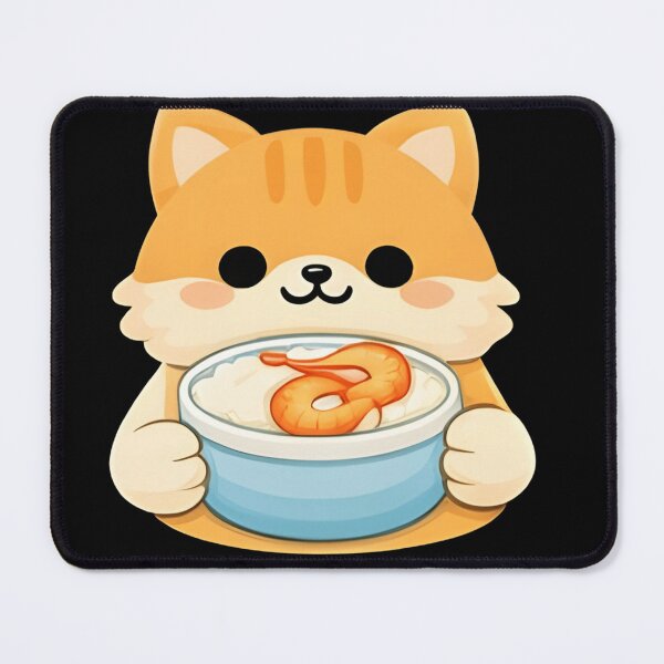 Item preview, Kawaii Orange Cat Eating Shrimp Rice Bowl - Cute Chibi Kitten Seafood designed and sold by Trendora90.