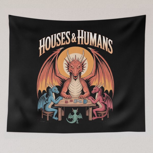 Aperçu de l'œuvre Houses & Humans, Funny Dragon Tabletop RPG Gift, Dnd Parody Fantasy Graphic, Dungeons and Dragons créée et vendue par NewaveBoutique.