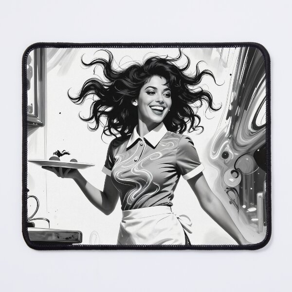 Item preview, Joyful Waitress Twirling Through Monochrome Cafe Fantasy Scene designed and sold by ArtaFutura.