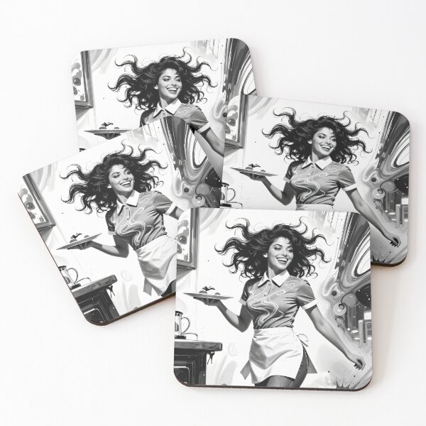 Item preview, Joyful Waitress Twirling Through Monochrome Cafe Fantasy Scene designed and sold by ArtaFutura.