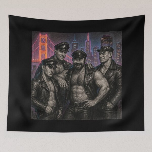 Item preview, San Francisco Leather Biker Boys Unite Colorsplash Sketch Gay Pride Art Design designed and sold by ItsAKinkThing.