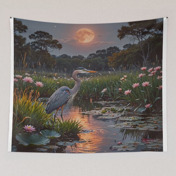 Item preview, Heron Under Full Moon – Serene Night Wetland Wildlife Art Print designed and sold by BeautifulVirtues.