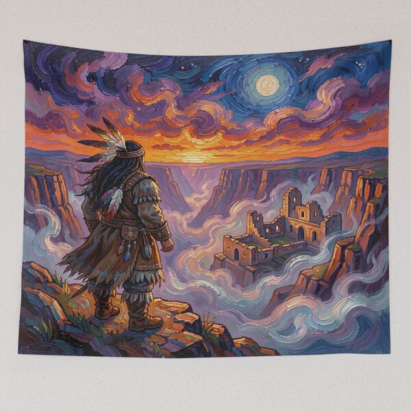 Item preview, Lone Shaman on a windswept cliff overlooking a mystic canyon at dusk designed and sold by FotoworldEdel.