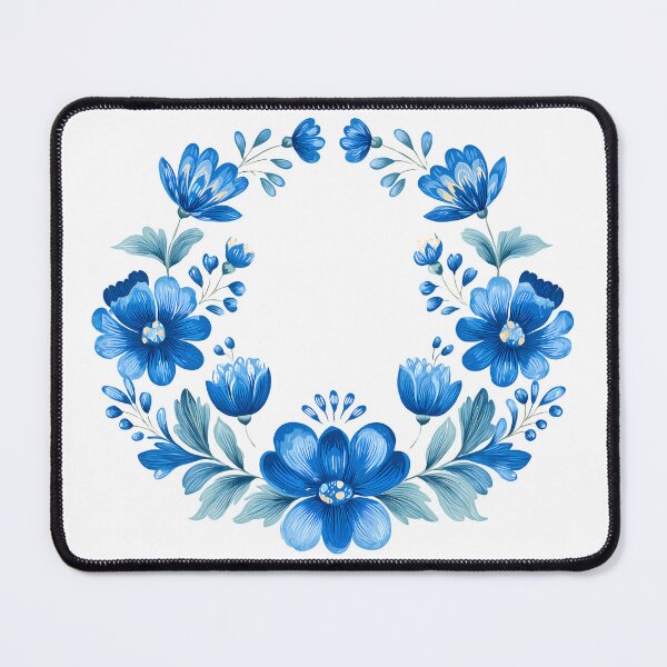 Item preview, Blue Floral Wreath Circle - Elegant Folk Art Botanical Art Print designed and sold by DesignArtist.ia.