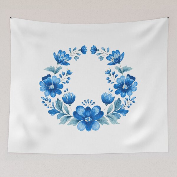 Item preview, Blue Floral Wreath Circle - Elegant Folk Art Botanical Art Print designed and sold by DesignArtist.ia.