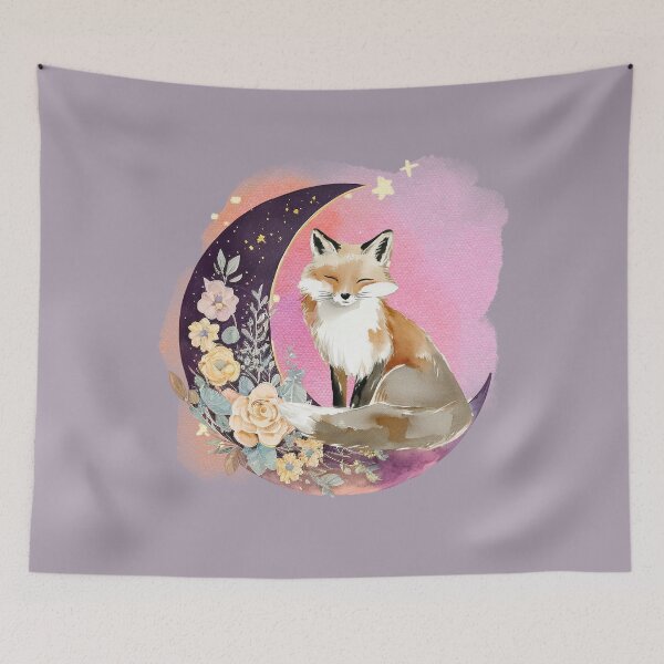 Item preview, Dreamy Fox on Crescent Moon Watercolour Floral Illustration designed and sold by ChasingRabbit05.