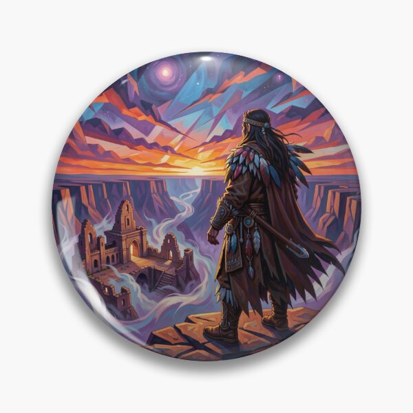 Item preview, Shaman at dusk overlooking glowing canyon ruins in swirling mystical twilight designed and sold by FotoworldEdel.