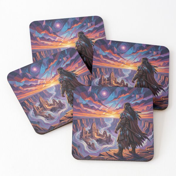 Item preview, Shaman at dusk overlooking glowing canyon ruins in swirling mystical twilight designed and sold by FotoworldEdel.