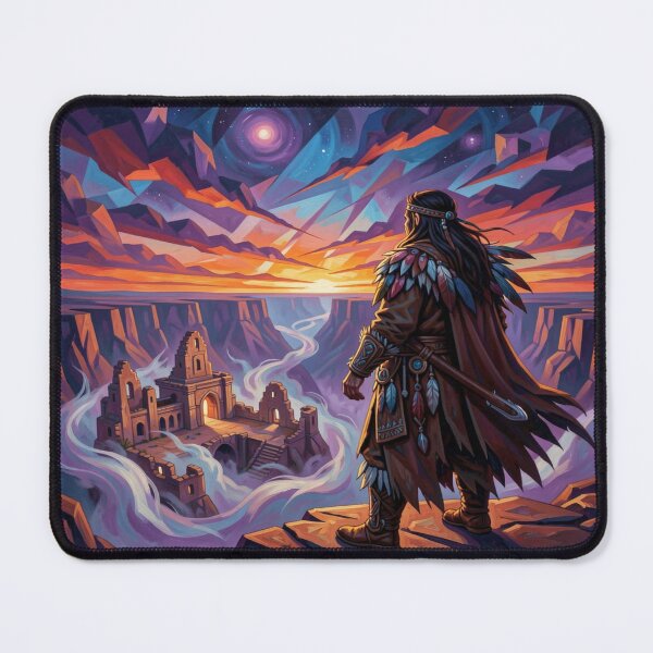 Item preview, Shaman at dusk overlooking glowing canyon ruins in swirling mystical twilight designed and sold by FotoworldEdel.