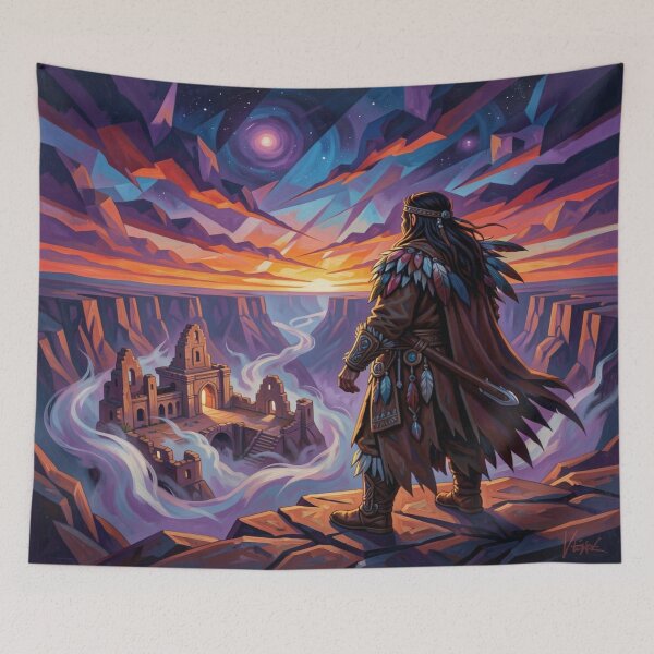 Item preview, Shaman at dusk overlooking glowing canyon ruins in swirling mystical twilight designed and sold by FotoworldEdel.