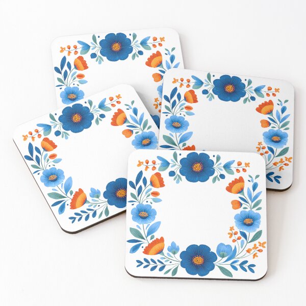 Item preview, Blue and Orange Folk Art Floral Wreath - Vibrant Botanical Circle Art Print designed and sold by DesignArtist.ia.