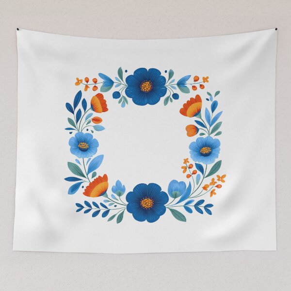 Item preview, Blue and Orange Folk Art Floral Wreath - Vibrant Botanical Circle Art Print designed and sold by DesignArtist.ia.