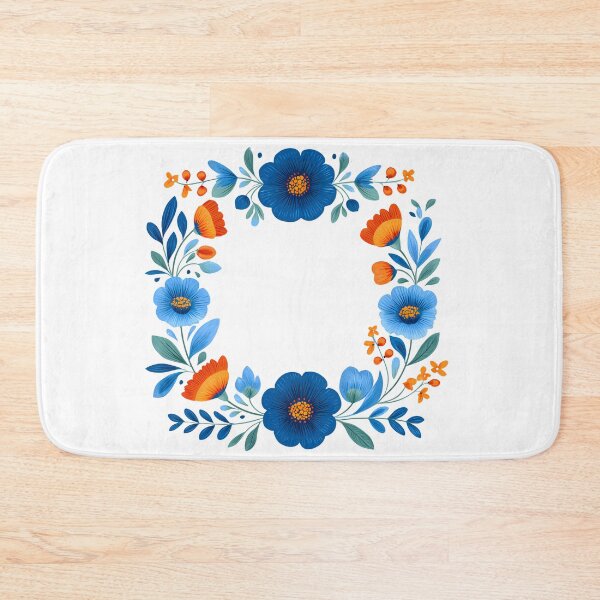 Artikelvorschau, Blumenkranz im Stil der Volkskunst in Blau und Orange – Lebendiger botanischer Kreis als Kunstdruck entworfen und verkauft von DesignArtist.ia.