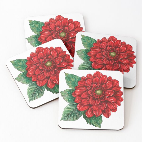 Item preview, Red Dahlia with Green Leaves - Bold Elegant Floral Art Print designed and sold by DesignArtist.ia.
