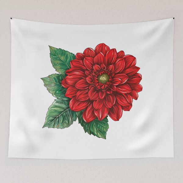 Item preview, Red Dahlia with Green Leaves - Bold Elegant Floral Art Print designed and sold by DesignArtist.ia.
