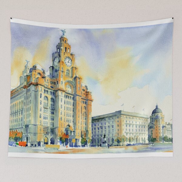 Item preview, The Three Graces Liverpool Pier Head Watercolor designed and sold by caracatita75.