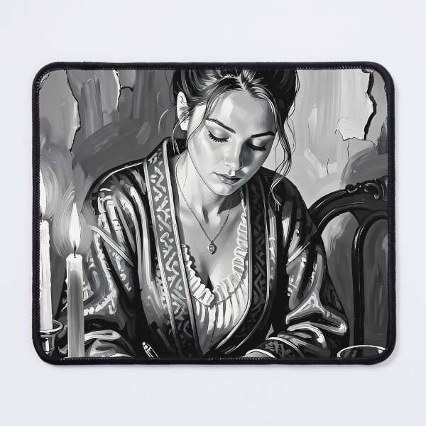 Item preview, Elegant Woman Writing by Candlelight in Monochrome Silence designed and sold by ArtaFutura.