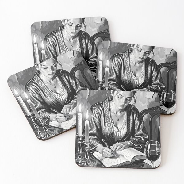 Item preview, Elegant Woman Writing by Candlelight in Monochrome Silence designed and sold by ArtaFutura.