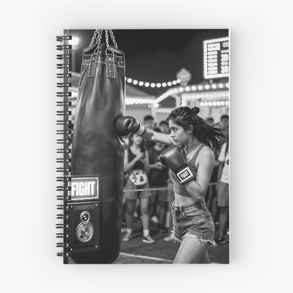 Aperçu de l'œuvre Jeune boxeur frappant un sac de frappe sous les lumières du carnaval créée et vendue par ArtaFutura.