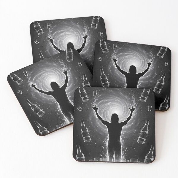 Item preview, Silhouetted Figure Summoning Cosmic Vortex Among Floating Bottles designed and sold by ArtaFutura.