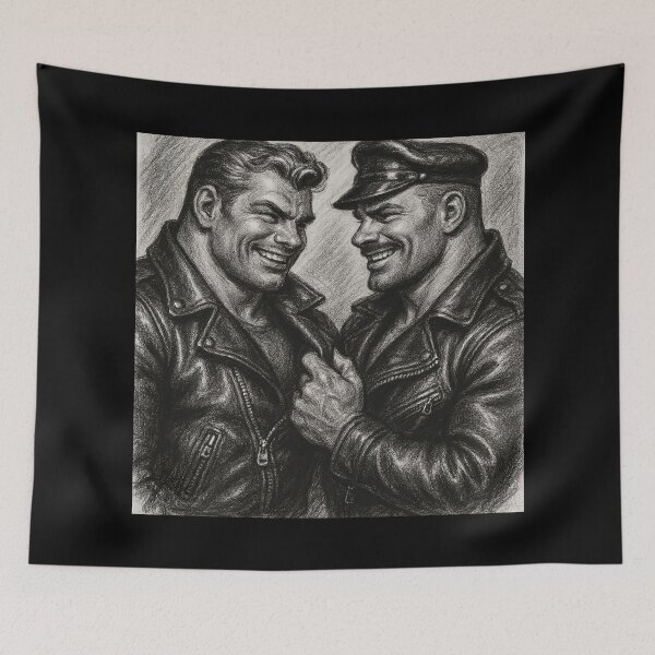 Item preview, Gay Leather Daddy Double Trouble Tom of Finland Tribute Charcoal Sketch Gay Pride Art Design designed and sold by ItsAKinkThing.