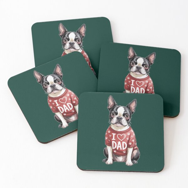 Item preview, Boston Terrier Wearing a red Shirt paw Prints I Love DAD designed and sold by fantasticdesign.