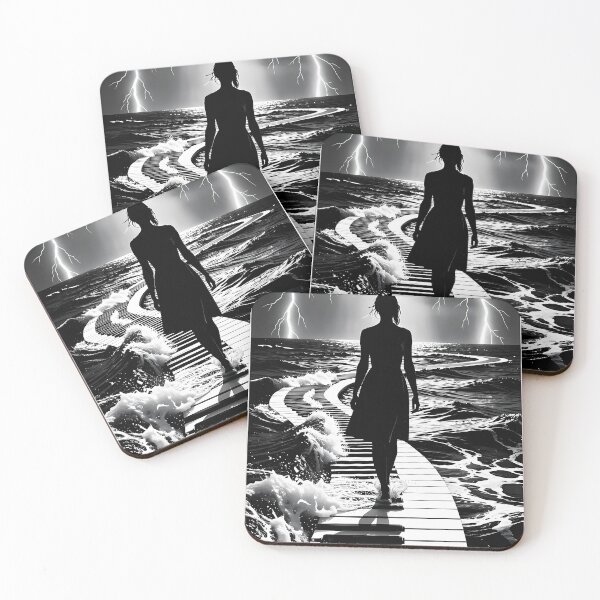 Item preview, Woman Walking Piano Path Through Stormlit Ocean Dreams designed and sold by ArtaFutura.